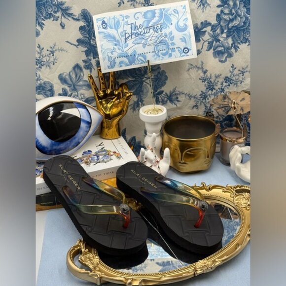 🆕 KURT GEIGER LONDON 🧿 NWOB Japonski Kensington Rainbow Flipflop, Black - Sz 7 - Picture 2 of 12